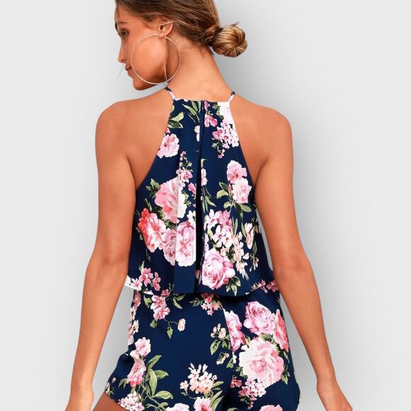 Lulus In the Garden Floral Romper XL Navy Blue Halter High Neck Garden Party - Picture 11 of 11